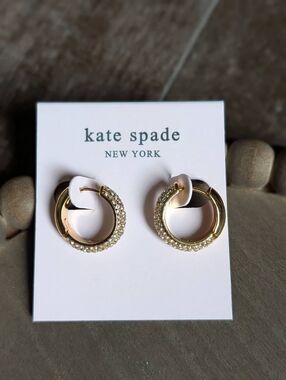 KATE SPADE NY Gold Tone Pave Huggie Hoop Earrings